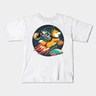 shiba inu flying into space with a rocket Kids T-Shirt